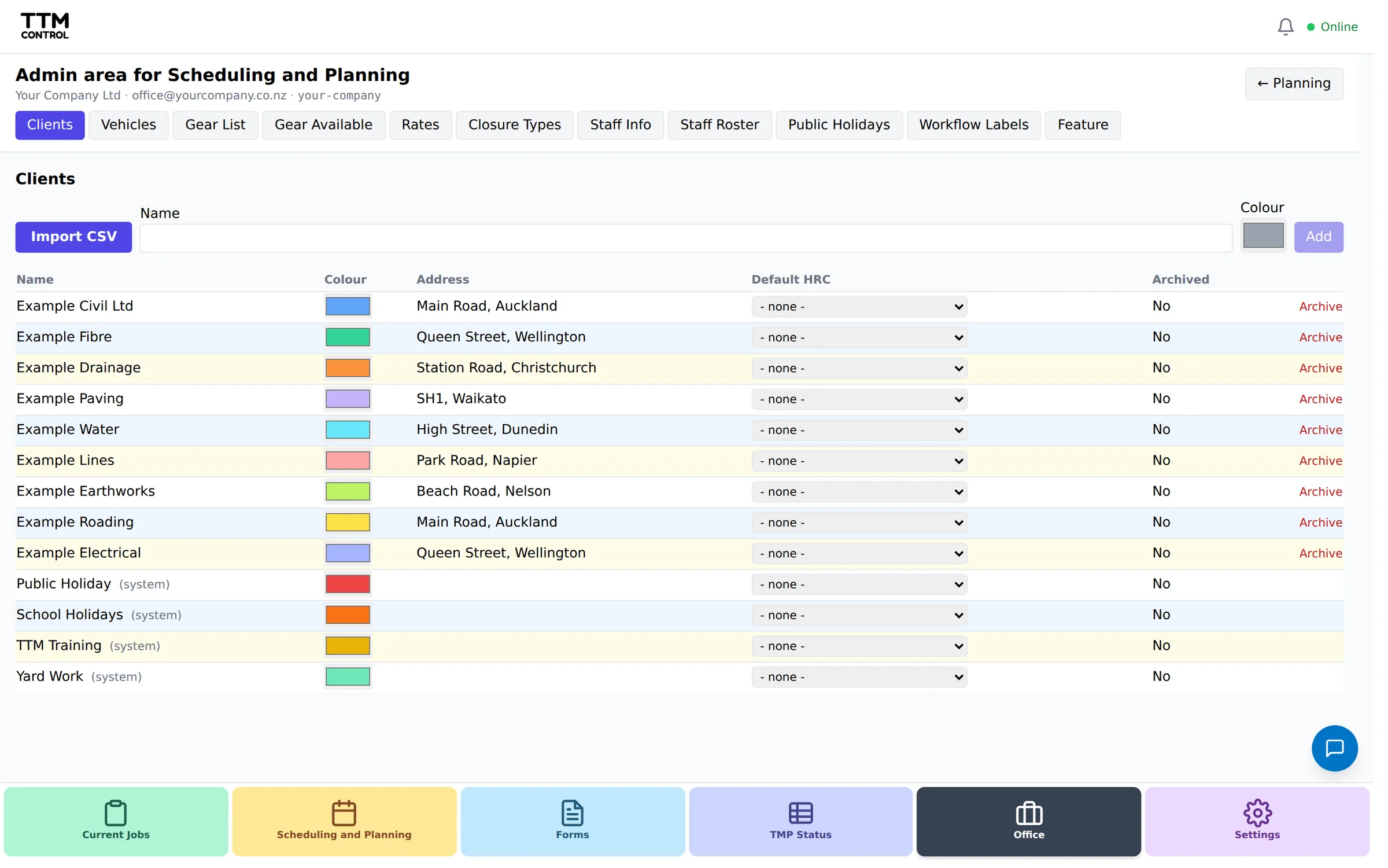 The scheduling and planning admin area with tabs for clients, vehicles, gear, rates and closure types