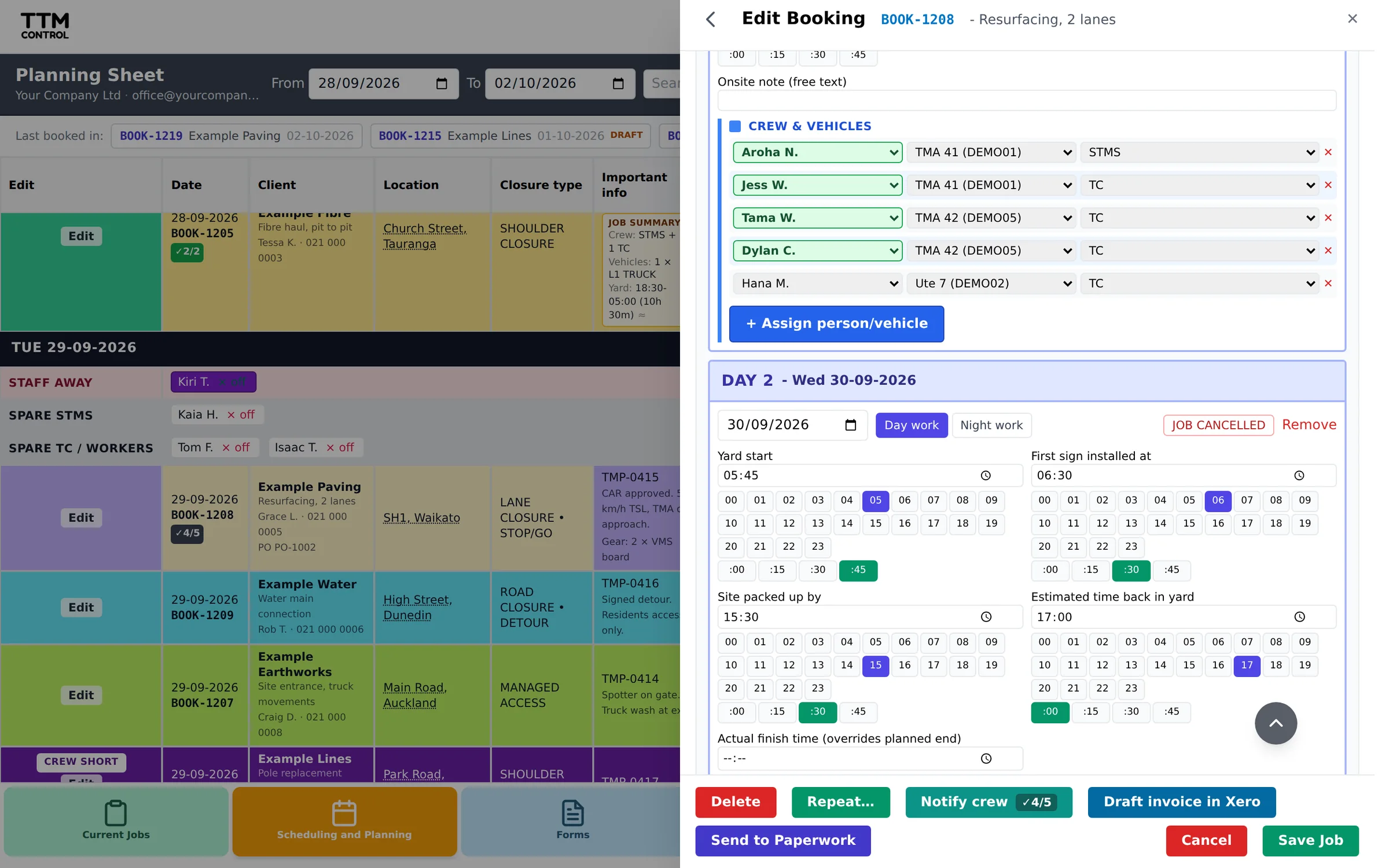 The booking form open over the planning sheet, with client, site, days and crew filled in