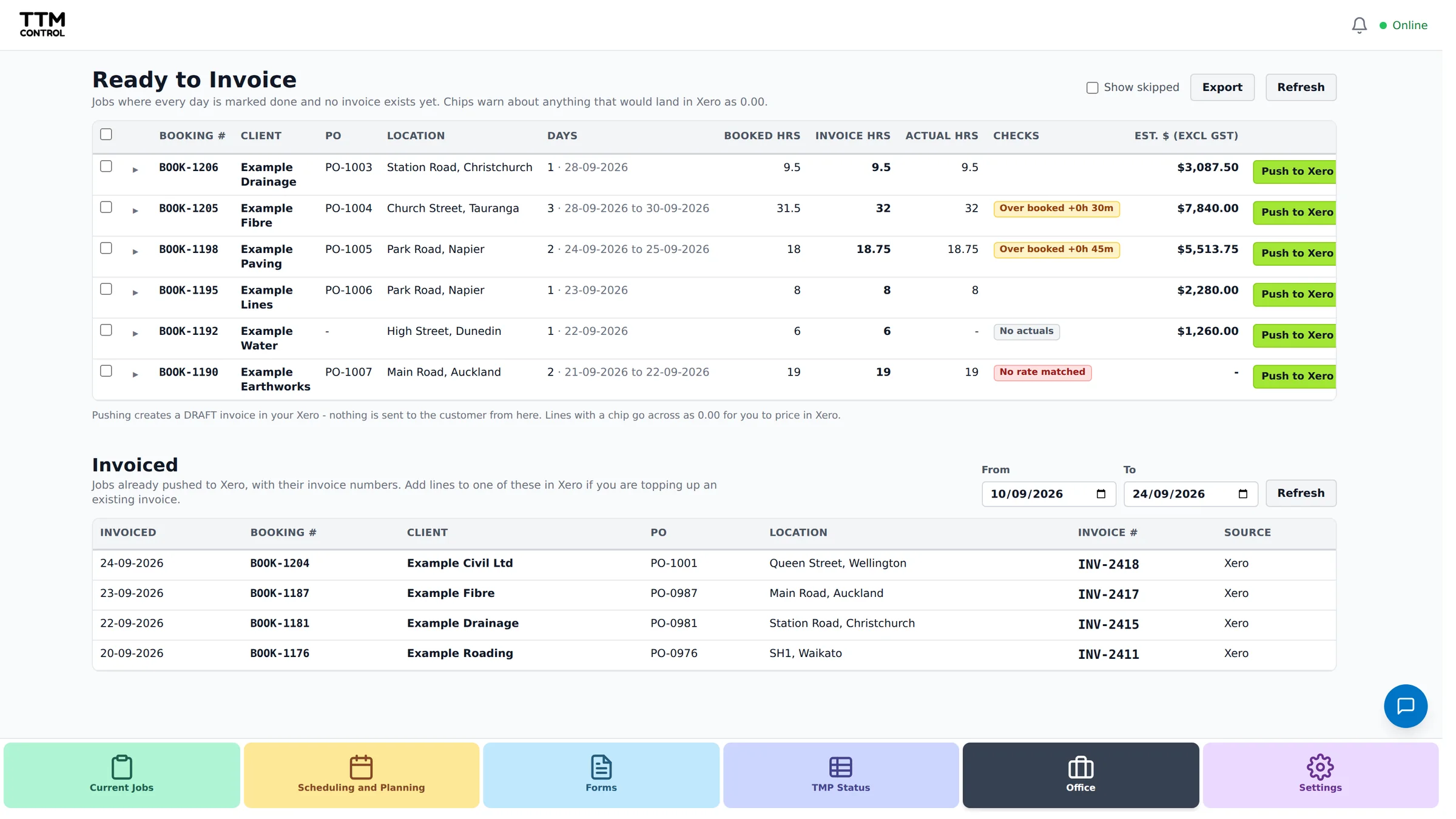 The Ready to Invoice list with finished jobs, booked and actual hours, and invoices already sent to Xero