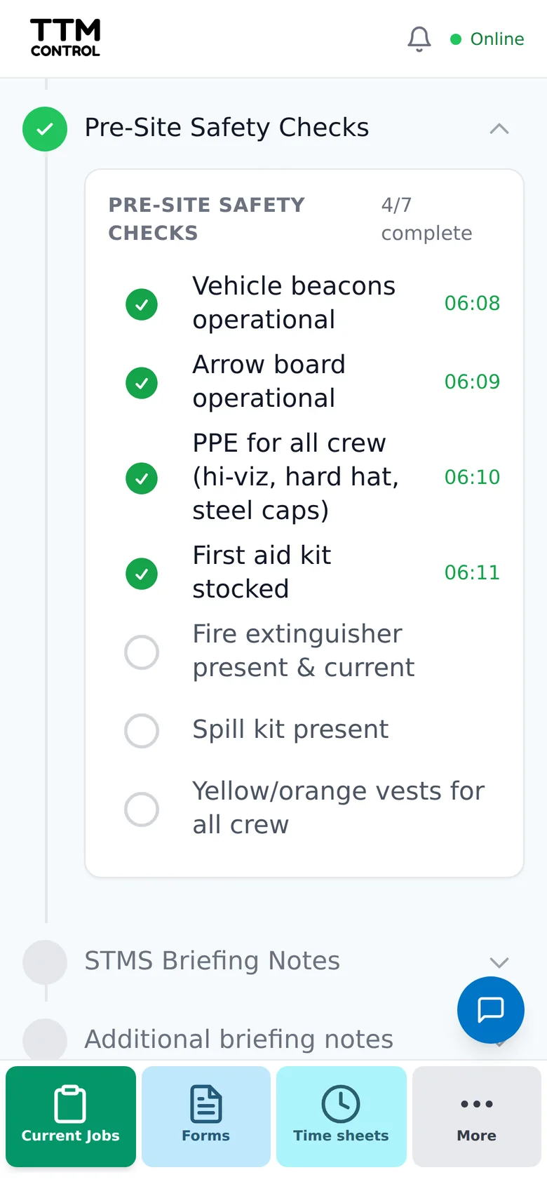 Pre-site safety checks being ticked off on a phone, each with the time it was done