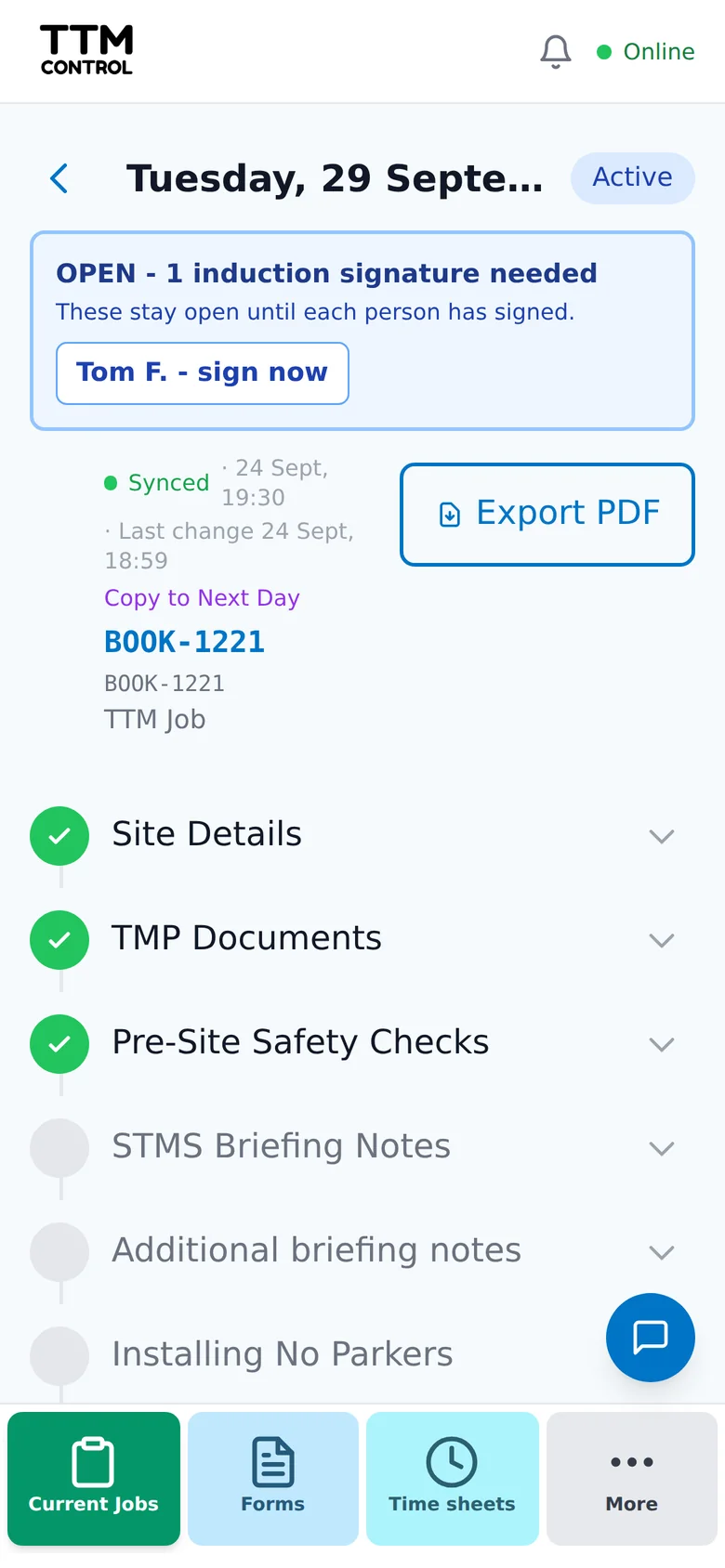 A job open on an STMS's phone with its paperwork steps