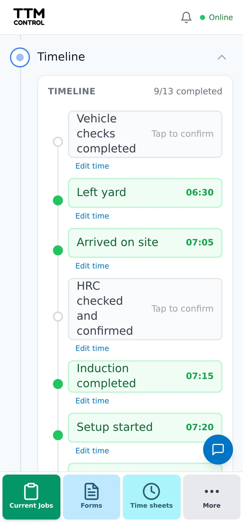 The job timeline on a phone: left yard, arrived on site, induction and setup, each with its time